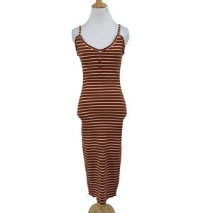 Endless Blu Dress Womens S Small Mahogany Stripe Ruffle Trim Bodycon‎ Cami Midi